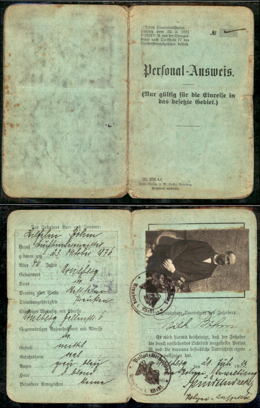 1923 German Personal-Ausweis Card Arnsberg Westphalia - Weimar Republic Era