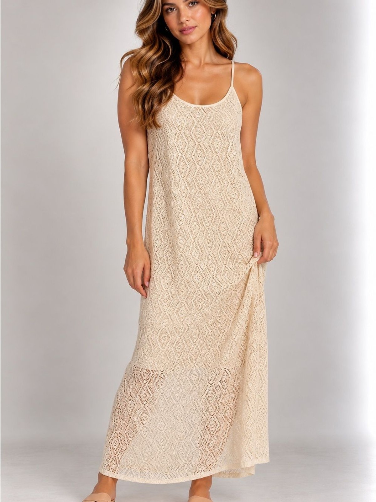 Hurley Ivory Crochet Lace Maxi Dress Open Back Boho Beach Size M