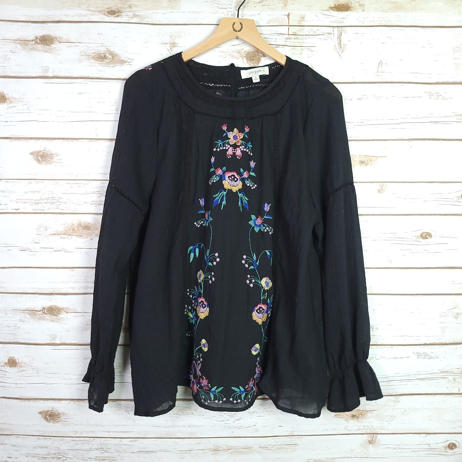 Umgee Blouse Women Xlarge Black Long Sleeve Tunic Embroidered Floral Bohemian