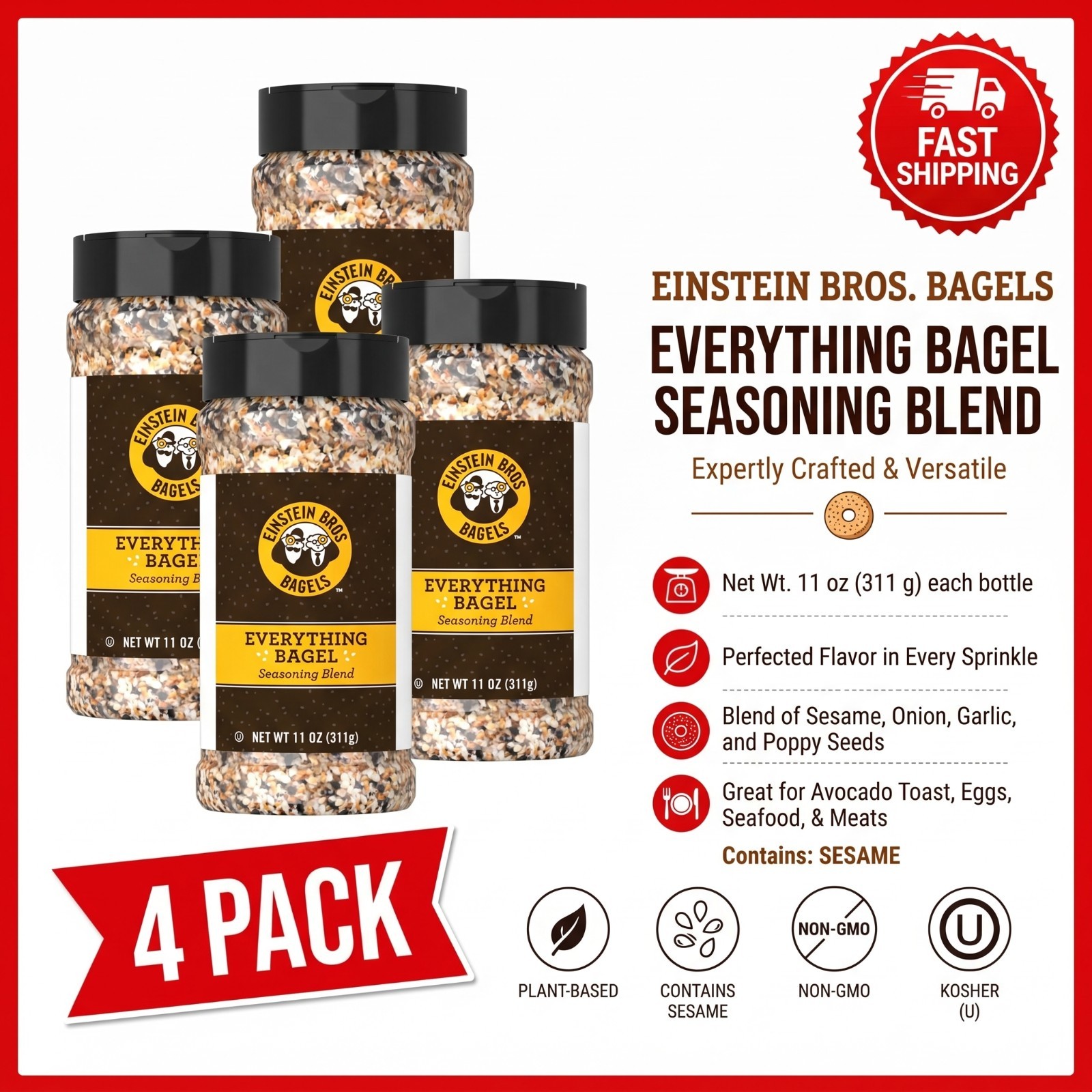 4-Pack Einstein Bros Everything Bagel Seasoning, 11 oz. Versatile Kitchen Spice 4-Pack Einstein Bros Everything Bagel Seasoning, 11 oz. Versatile Kitchen Spice