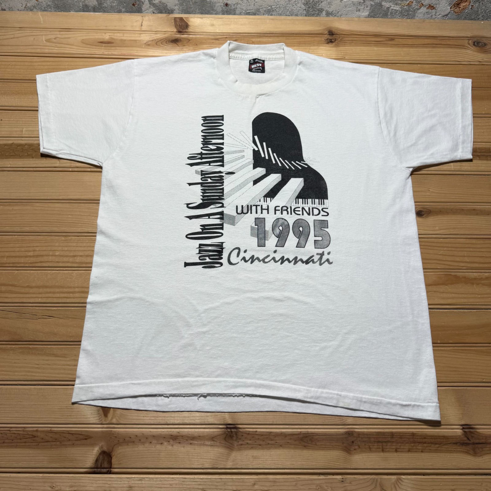 Vintage 90s Jazz On A Sunday Afternoon Cincinnati Piano Graphic T-Shirt USA - XL