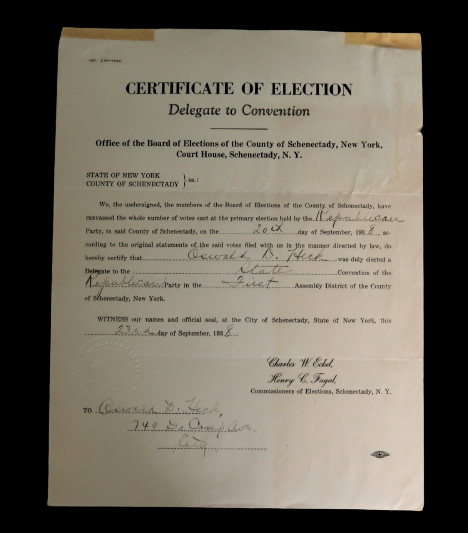 Vtg 1938 Oswald Heck Election Certificate Convention Delegate Schenectady OOAK