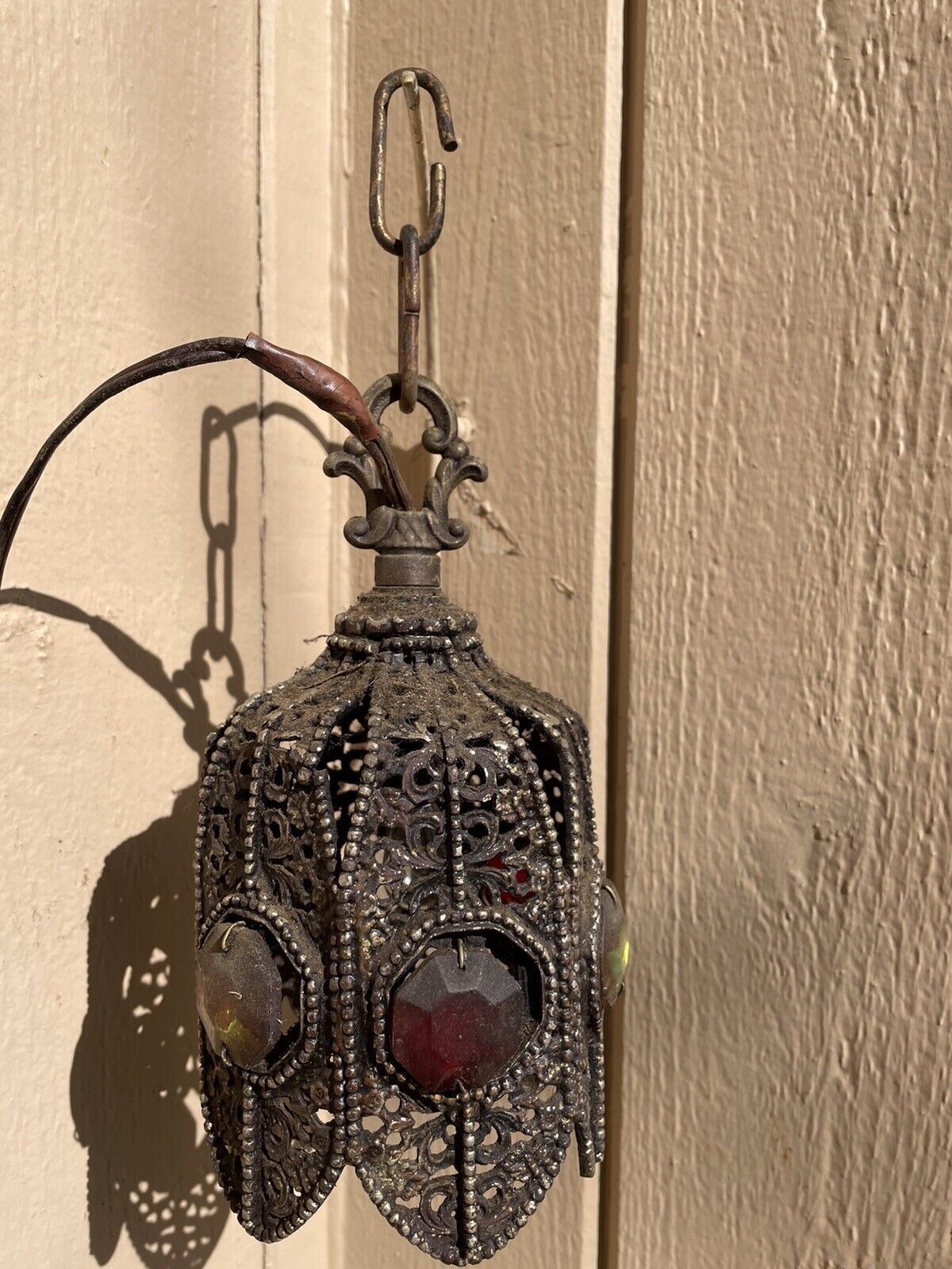 Vintage Chandelier Tulip Pendant Lamp Spelter Brass Jeweled Filigree SWAG Gothic
