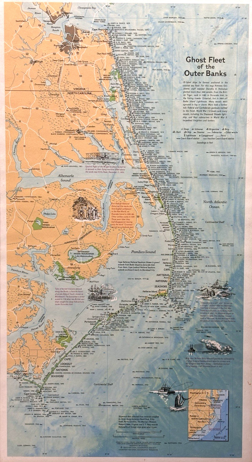 OUTER BANKS NAT GEO 1970 GHOST SHIP FRAMED MAP, HISTORIC CULTURAL DECOR GIFTS