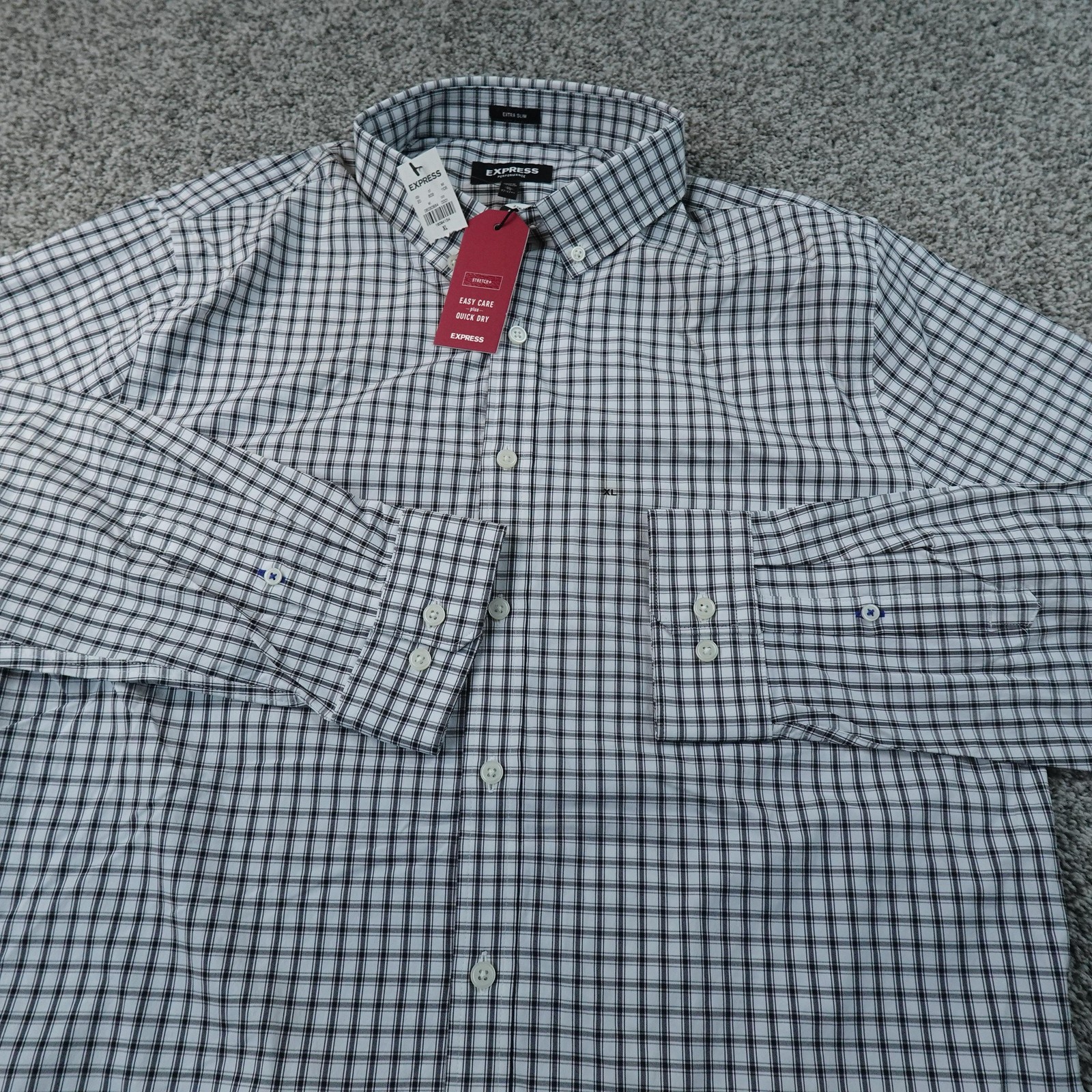 NEW Express Shirt Mens XL 17-17.5 White Plaid Slim Performance Dress Button Up