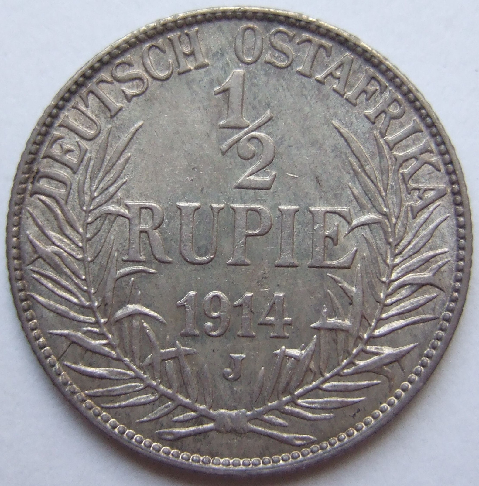 1/2 Rupie 1914 J German East Africa Silver Coin Extremely Fine 1/2 Rupie 1914 J German East Africa Silver Coin Extremely Fine