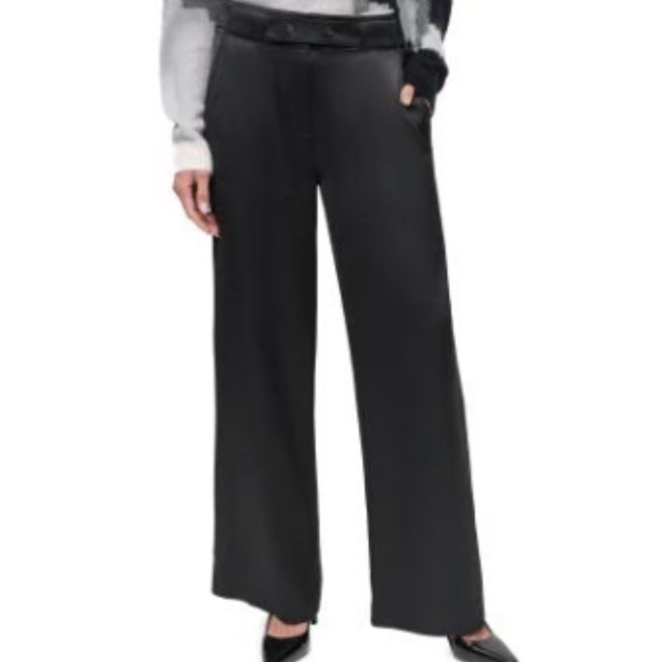 DKNY Women Straight-Leg Dress Pants with Tab Waist- in Black Satin. Size 6 New