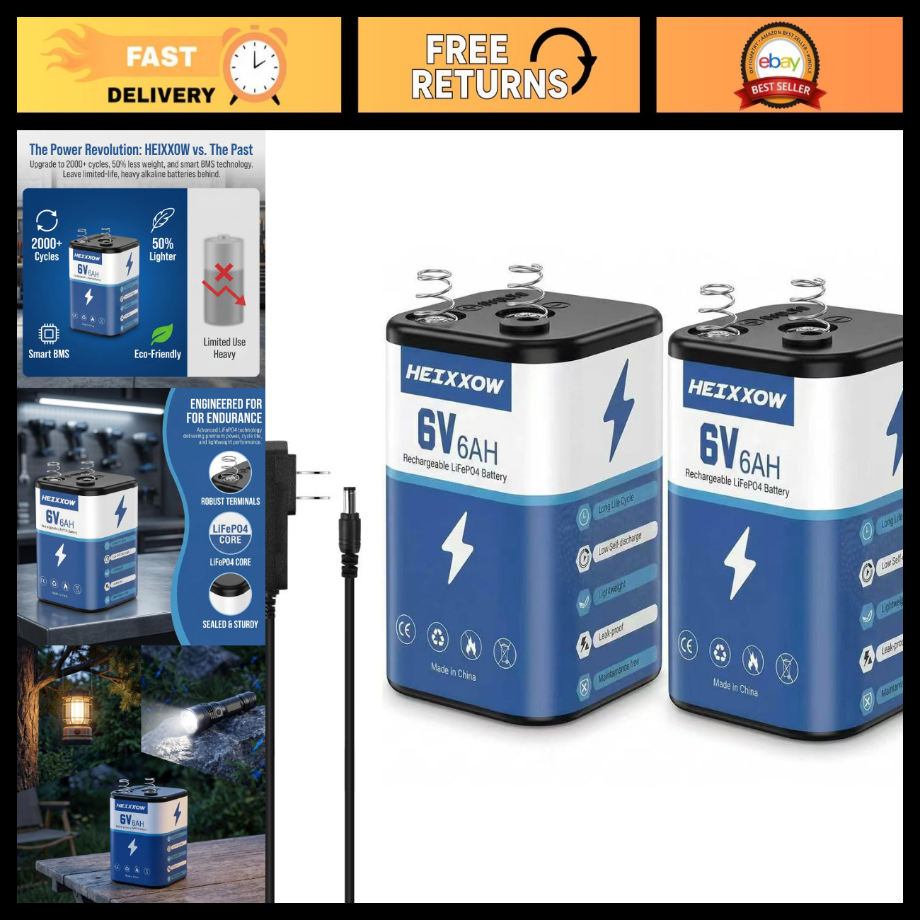 Rechargeable 6V Lanterns with LiFePO4 Battery - 2 Pack & Charger, Portable Light