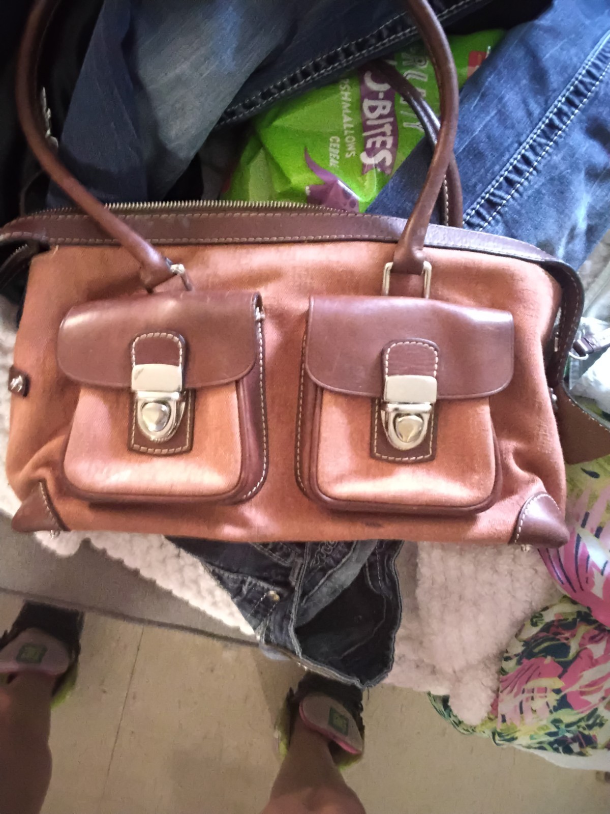 Dooney & Bourke Brown/Tan Monogram Satchel Top Handle, Double Handles, Pockets