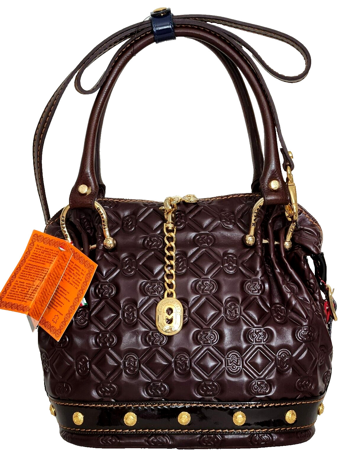 🌞MARINO ORLANDI ITALIAN DESIGNER STUDDED BROWN LOGO LEATHER SATCHEL BAG🌺NWT