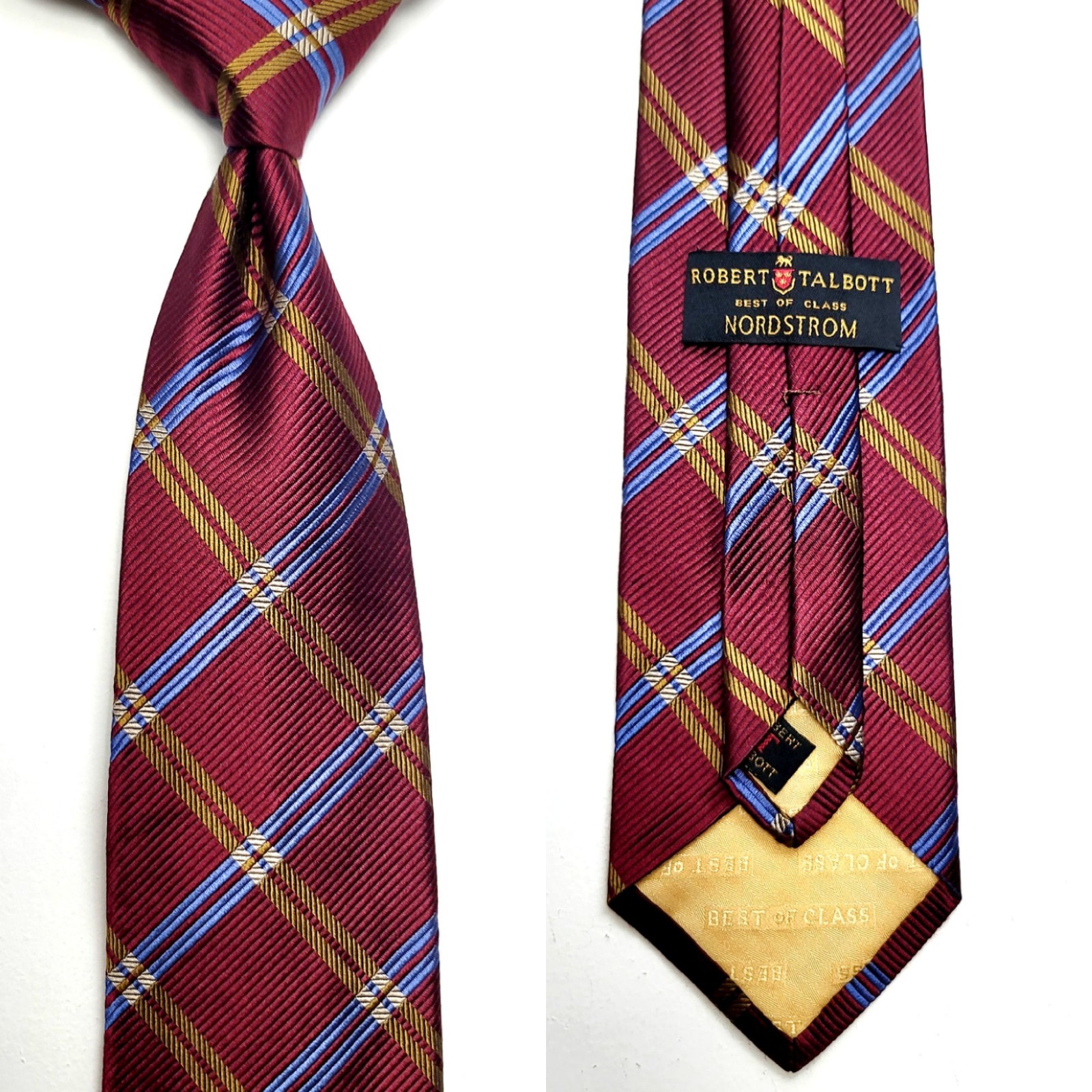 Robert Talbot Best of Class  Burgundy Blue Plaid Jaquard Silk Tie #343