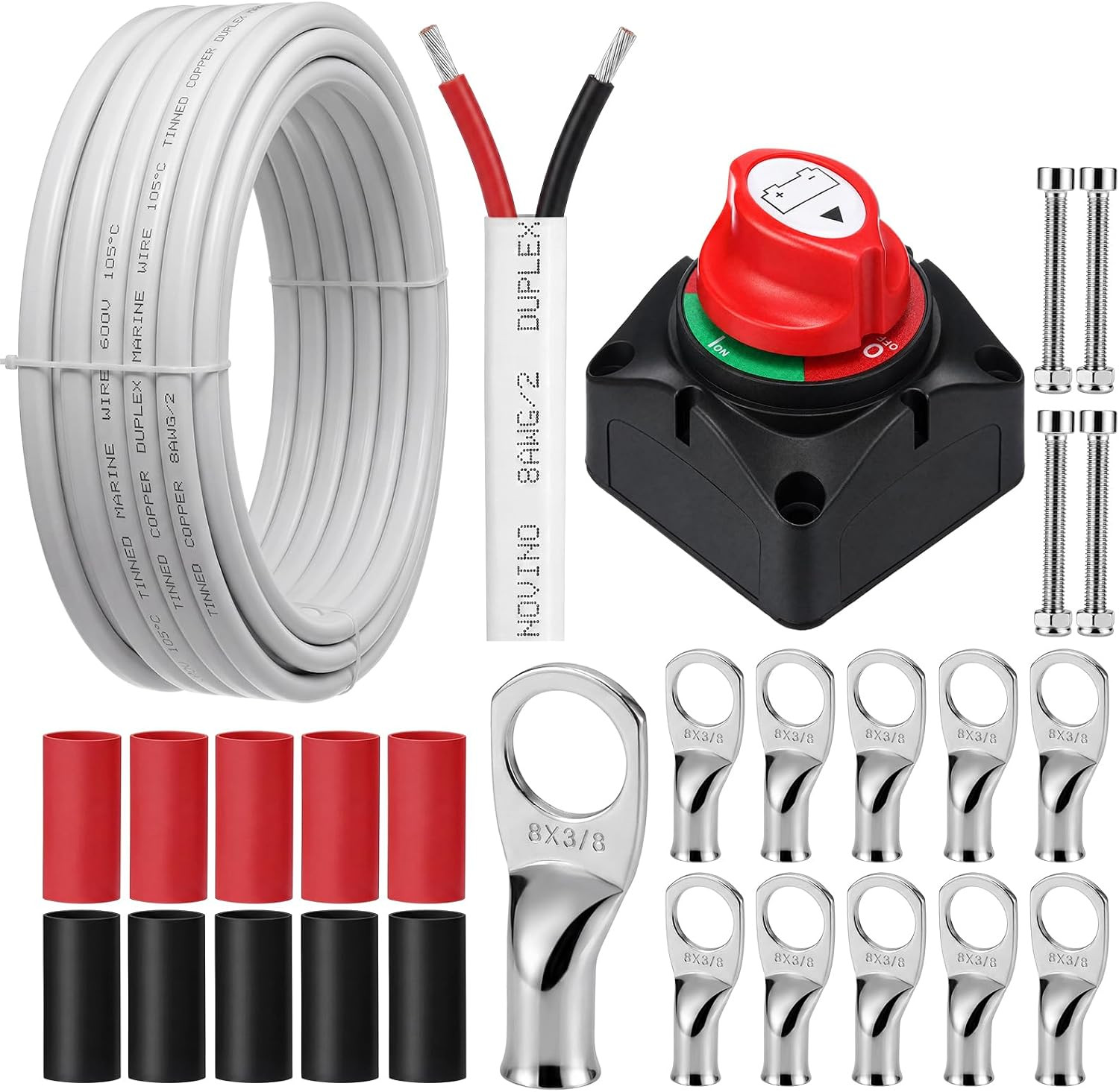 12 Pcs 30 FT 8 AWG Marine Wire Kit, Duplex Tinned Copper Cable, 275A Switch