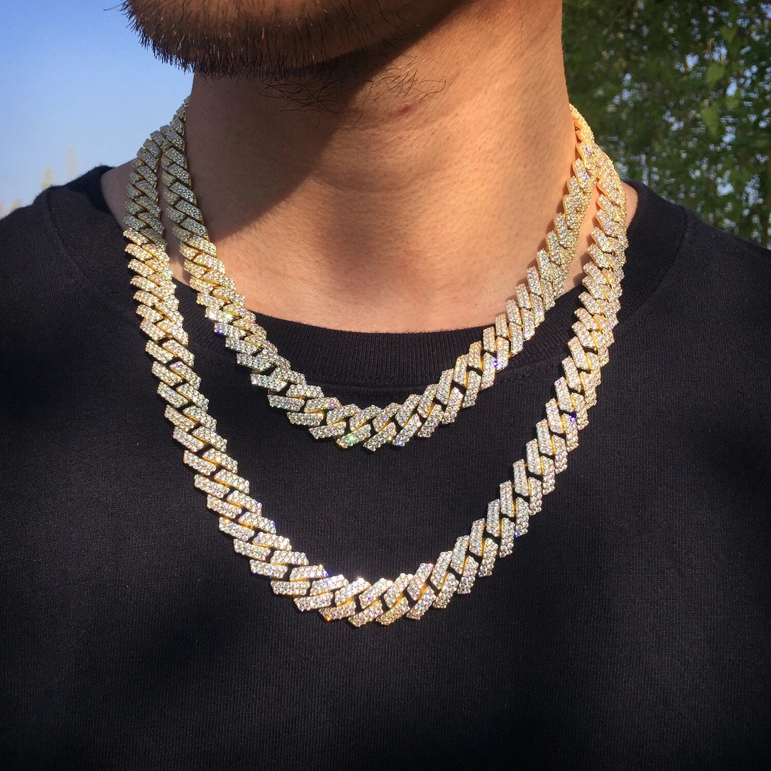 12mm Iced CZ Out Cuban Link Chain 14K/White Gold Stainless Steel Hip Hop Jewelry
