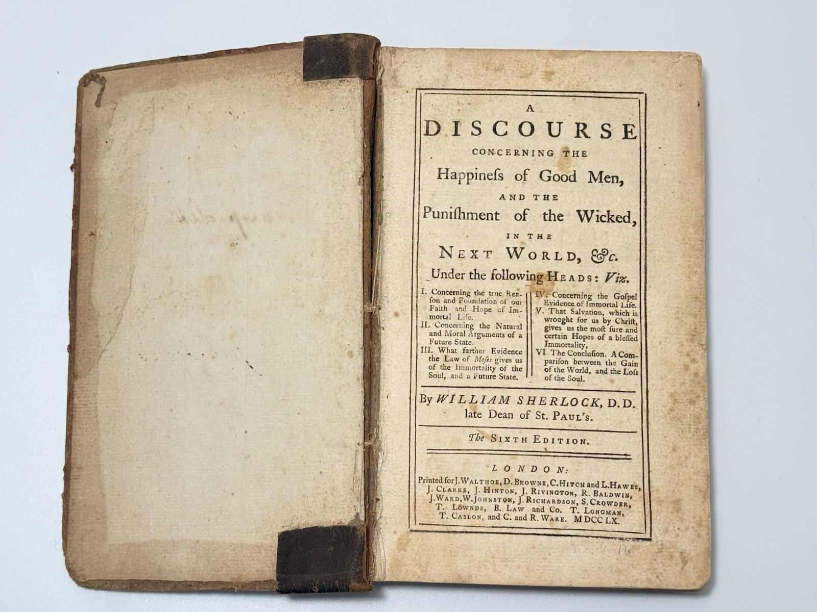 Antique 1760 Leather Book Sherlock Discourse Good Men & Wicked Next World London