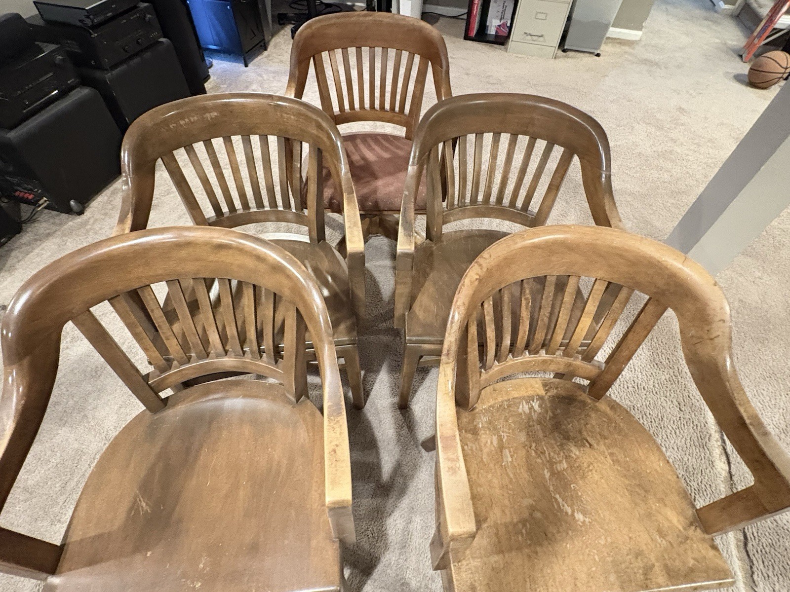W.H. Gunlocke Chairs. 4 Bank of England and one swivel desk chair. W.H. Gunlocke Chairs. 4 Bank of England and one swivel desk chair.