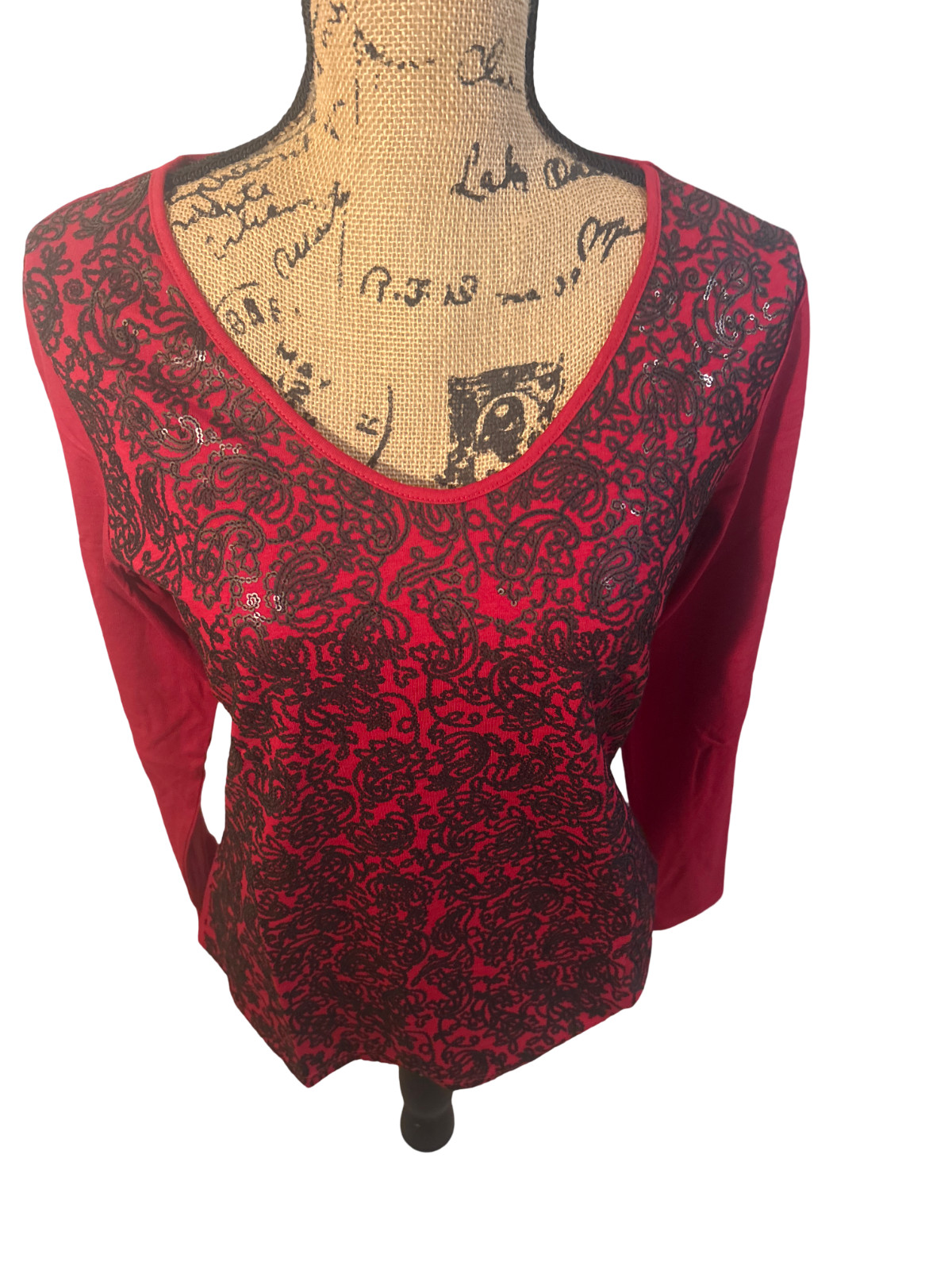 VTG Coldwater Creek Top Womens Medium Red Paisley Sequin Embellished Tee New