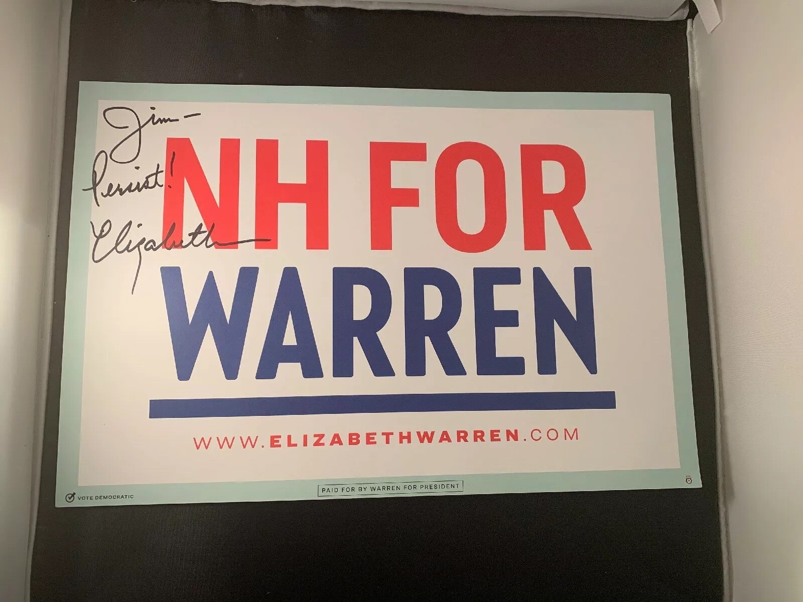 Elizabeth Warren Senator Signed NH Poster Placard 2020 President COA Autograph Elizabeth Warren Senator Signed NH Poster Placard 2020 President COA Autograph