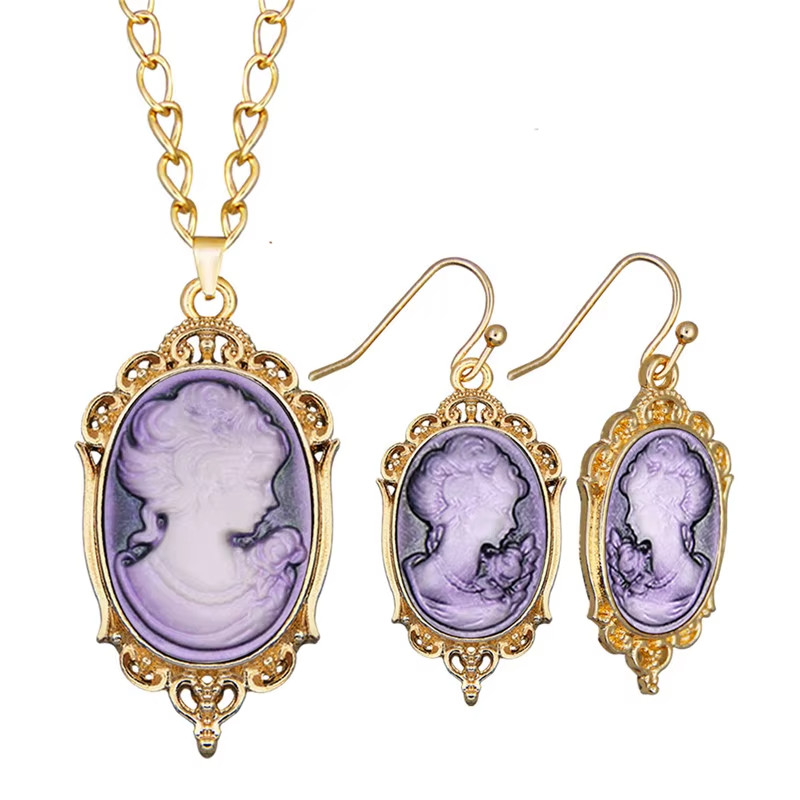 Vintage Cameo Necklace Earrings Set Purple Gold Victorian Style Jewelry
