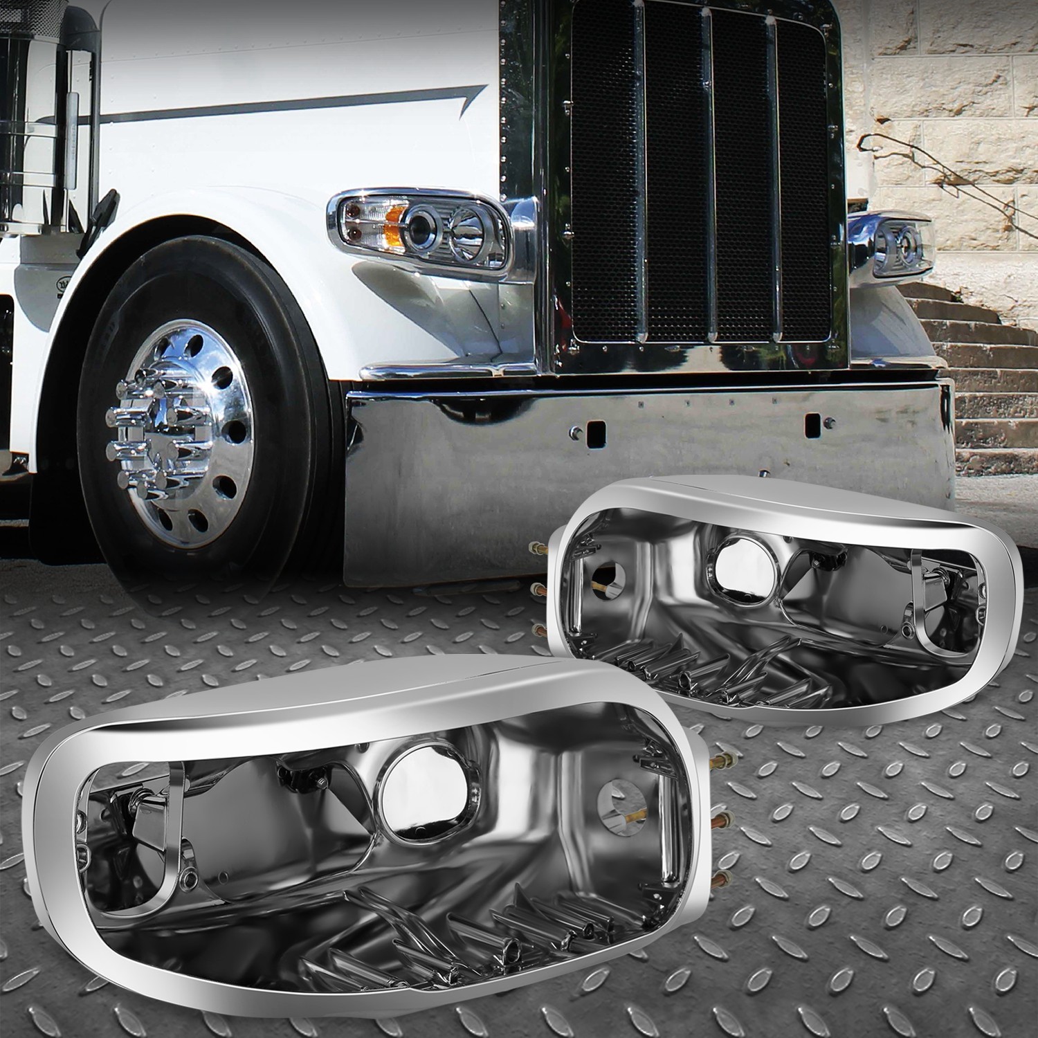 L+R Chrome Headlight Housing Replacement for 06-25 Peterbilt 388 389 367 567 589 L+R Chrome Headlight Housing Replacement for 06-25 Peterbilt 388 389 367 567 589