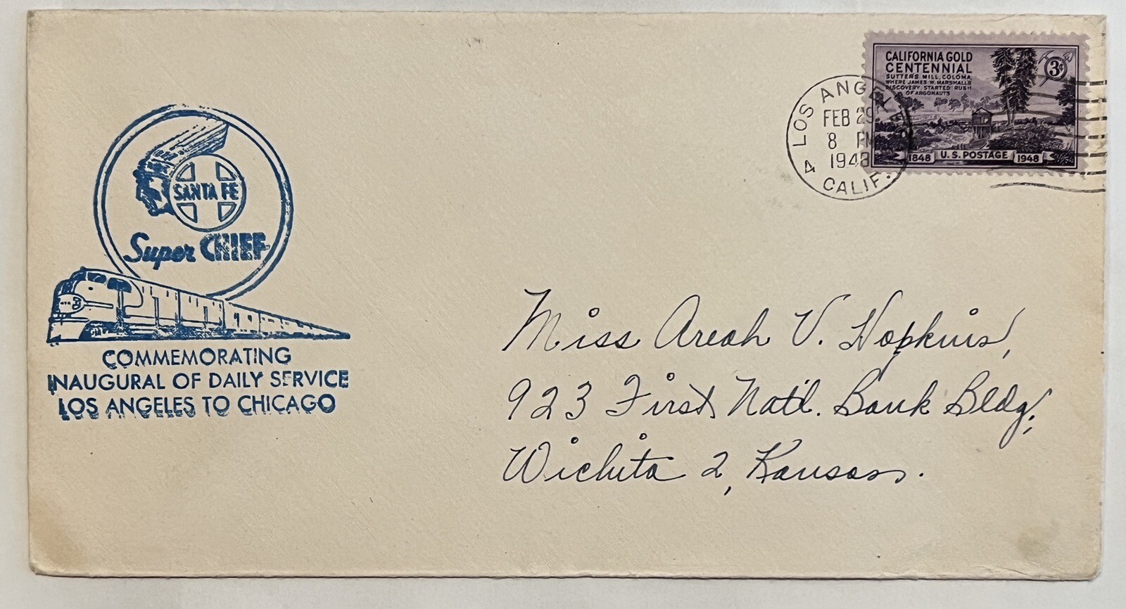 1948 LOS ANGELES CACHETED COVER SANTA FE SUPER CHIEF TRAIN 1948 LOS ANGELES CACHETED COVER SANTA FE SUPER CHIEF TRAIN