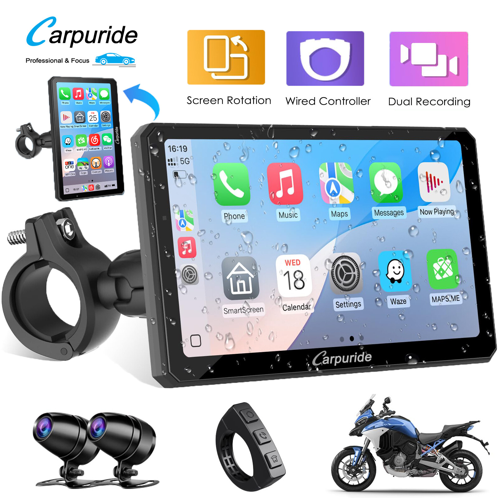 Carpuride W712D Moto CarPlay Android Auto Waterproof Touchscreen Wired Controlle