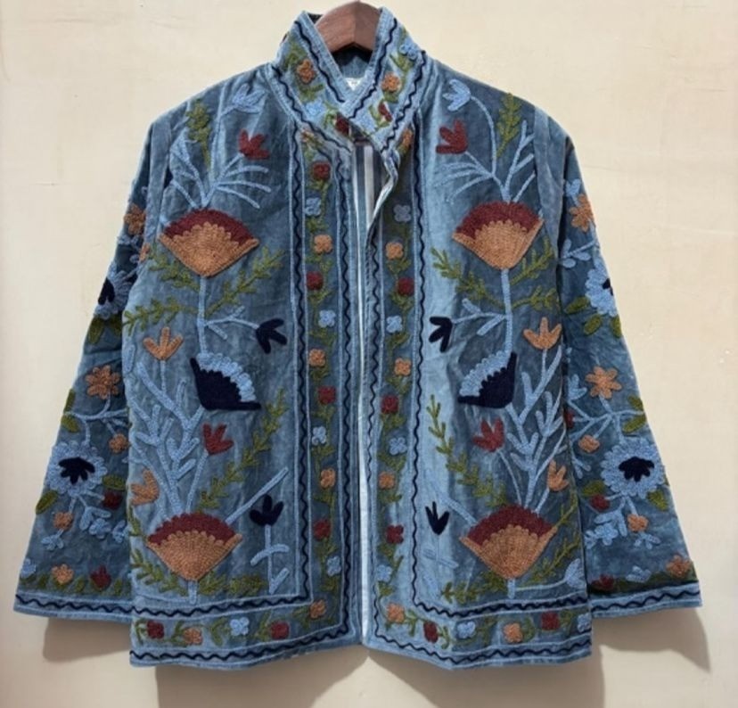 Handmade Embroidered Velvet Jacket Blue Floral Boho Hippie Coat Handmade Embroidered Velvet Jacket Blue Floral Boho Hippie Coat