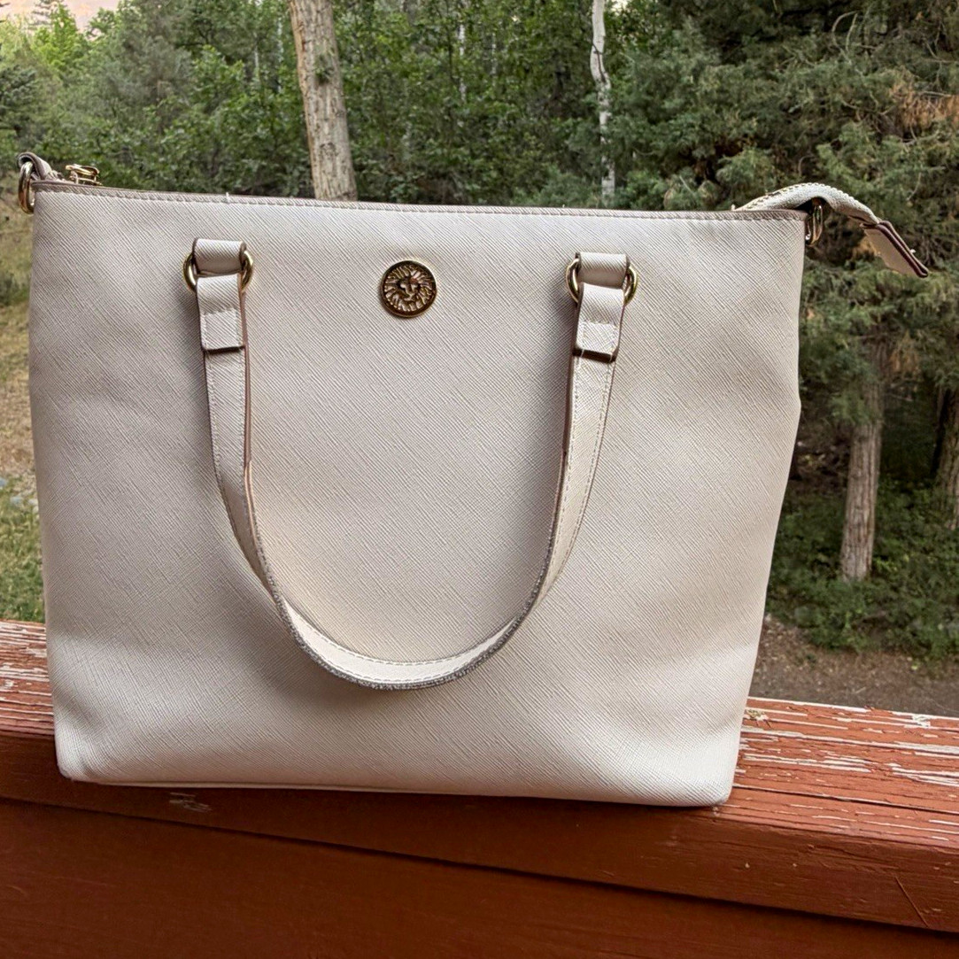 Anne Klein Beige Medium Tote Zip Top Gold Hardware Detachable Strap Pockets