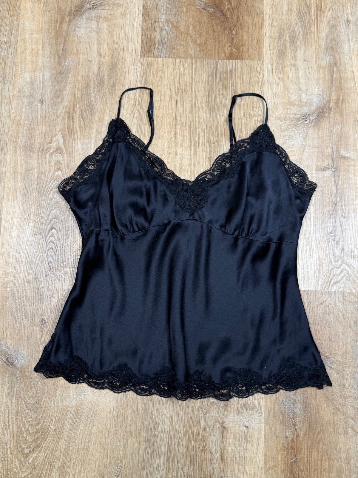 Vintage Y2K Allison Taylor Black Silk Lace Trim Camisole Top L