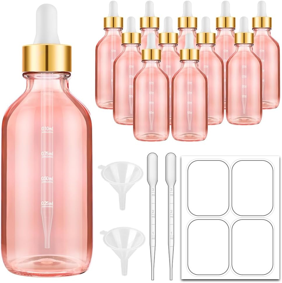 12 Pack 4 Oz Pink Glass Dropper Bottles with Plastic Droppers, Gold Caps 12 Pack 4 Oz Pink Glass Dropper Bottles with Plastic Droppers, Gold Caps