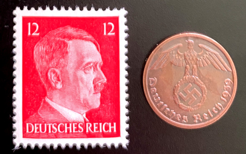 Germany WWII Era Third Reich Nazi 1 Reichspfennig Coin 1936-1940 & MNH Stamp Set