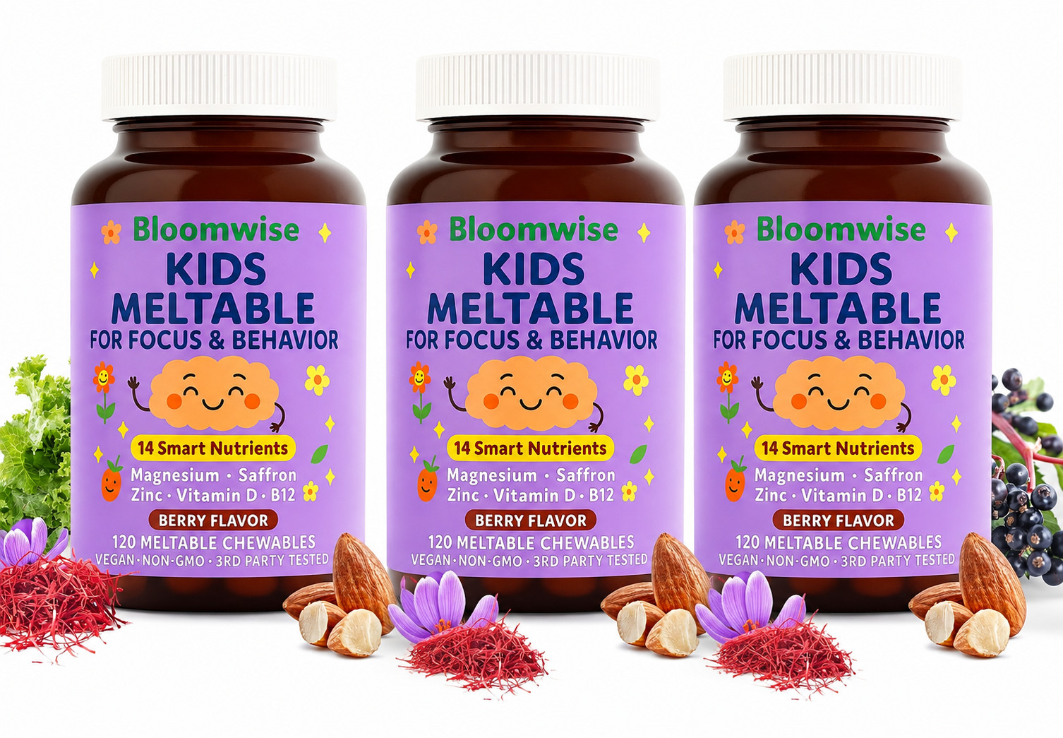 3x Bloomwise Kids Magnesium Glycinate & Saffron for Kids Meltable Supplements