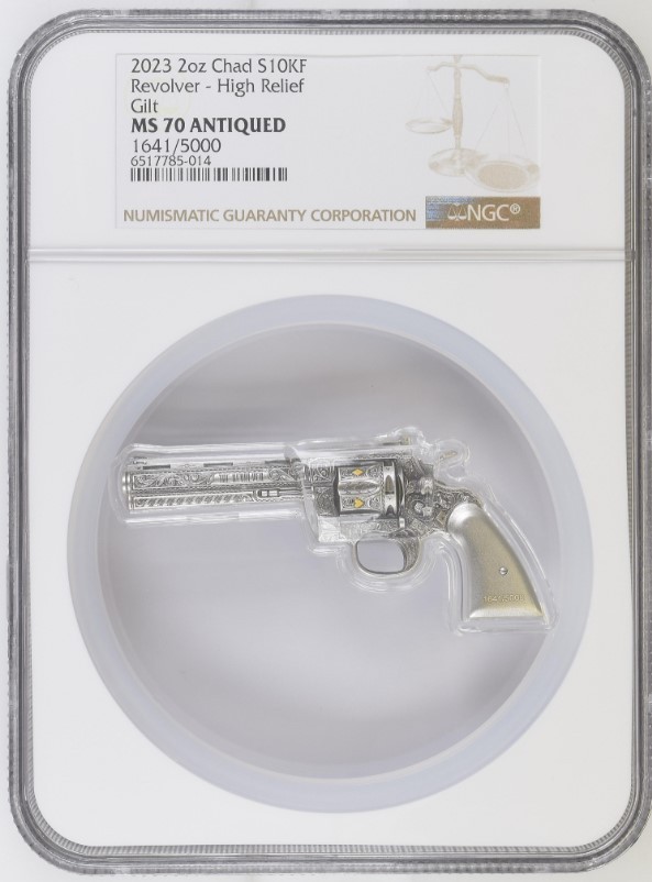 2023 2oz Chad S10KF Revolver - High Relief Gilt MS70 Antiqued  1641 of 5000