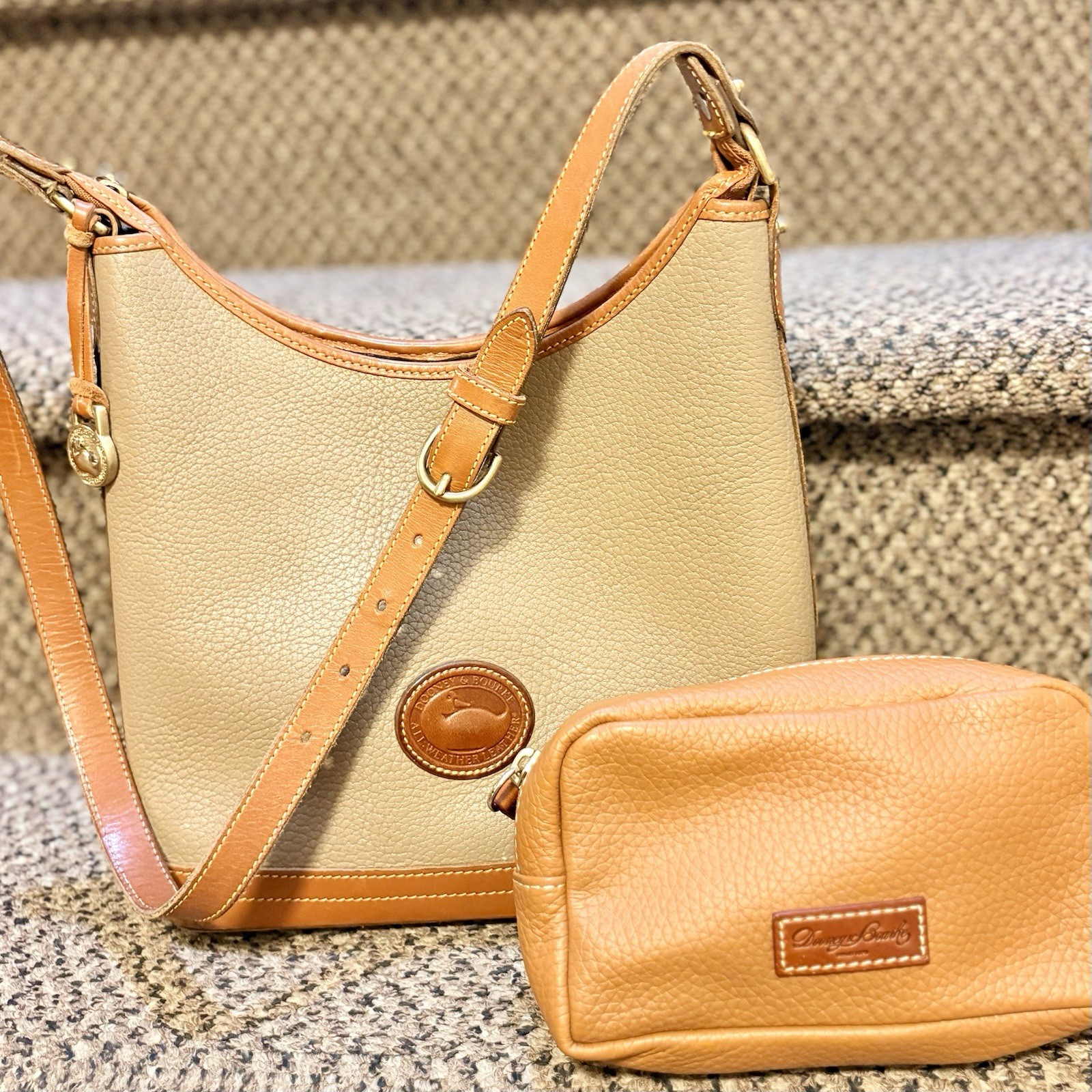 Vintage Dooney & Bourke Taupe British Tan Pebbled Leather  Shoulder Bag & Pouch