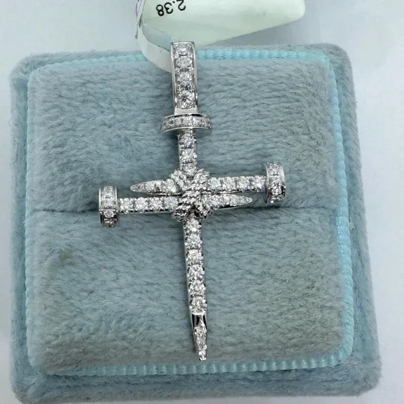 0.80Ct Round Cut Real Moissanite Nail Cross Pendant 14K White Gold Plated Silver