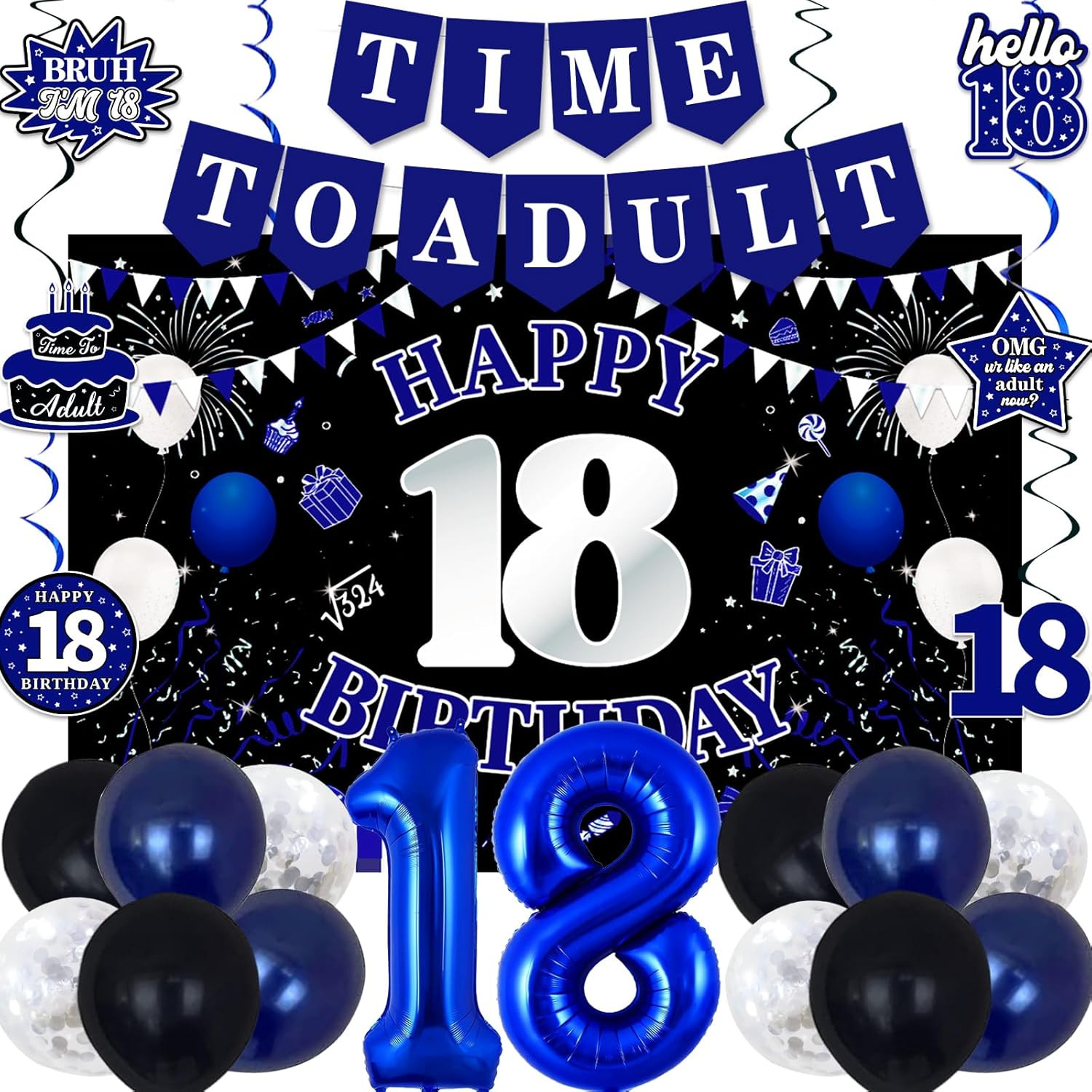 18Th Birthday Decorations for Boys Girls, Blue Black Happy 18Th Birthday Party