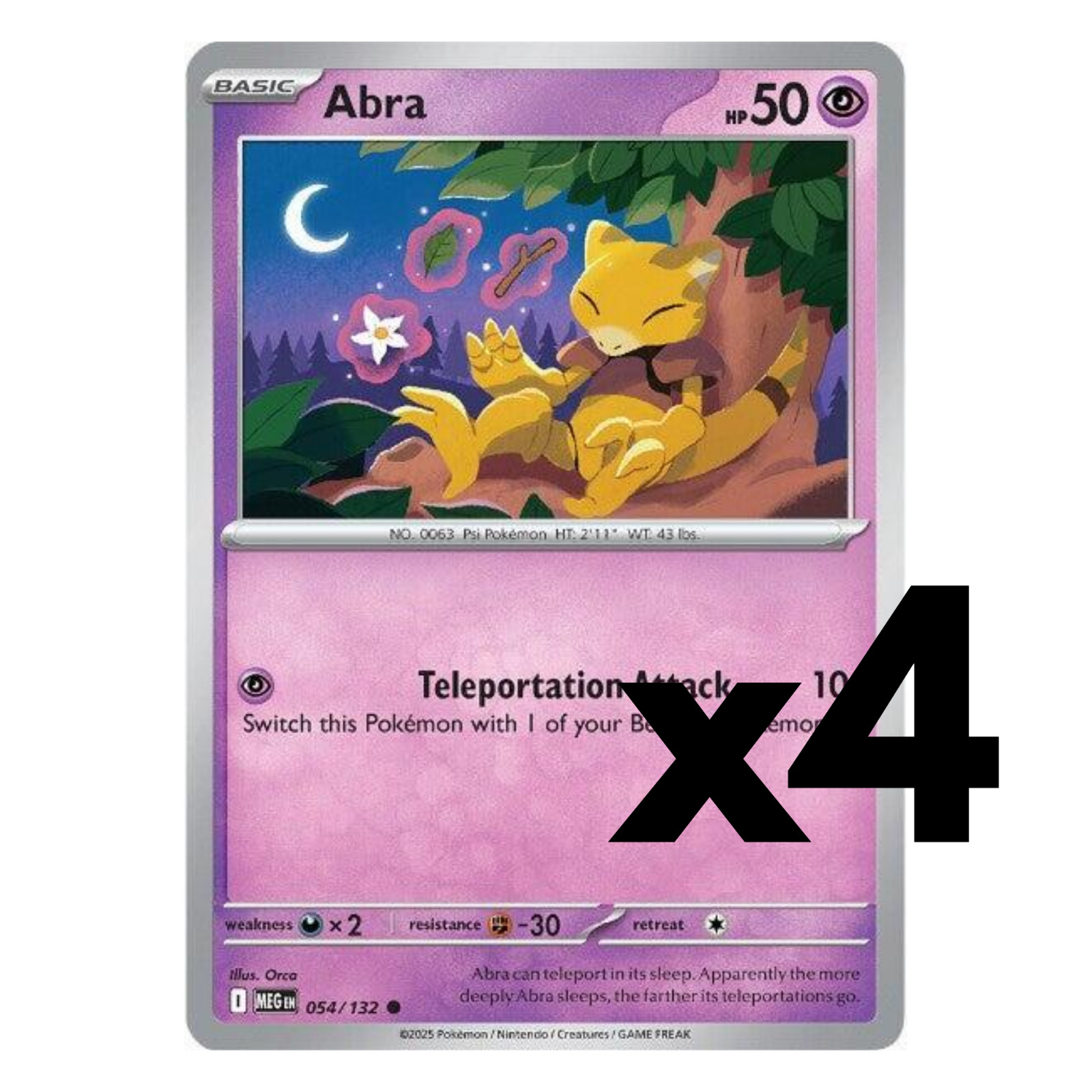 4x Abra - 054/132 - ME01: Mega Evolution (MEG) Pokemon Playset x4 4x Abra - 054/132 - ME01: Mega Evolution (MEG) Pokemon Playset x4