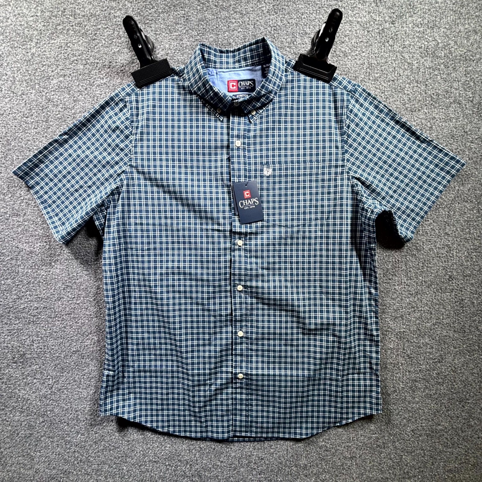 Chaps Shirt Mens XL Blue Plaid Classic Fit Stretch Button Front Short Sleeve NWT