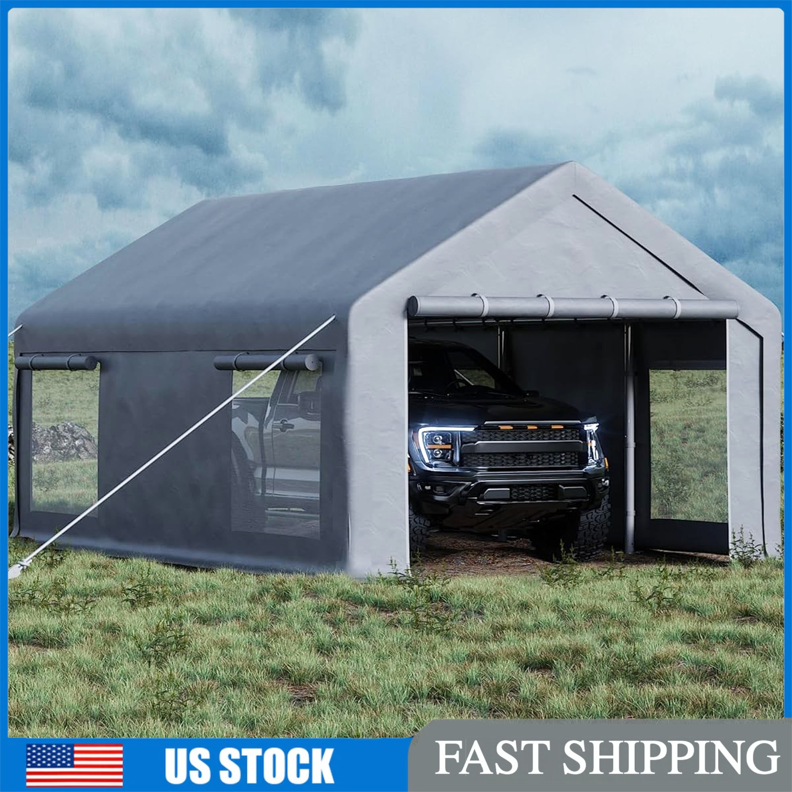 10x20FT Carport Canopy, 200g PE Tarp Portable Garage w/ Sidewalls,Roll-Up Doors