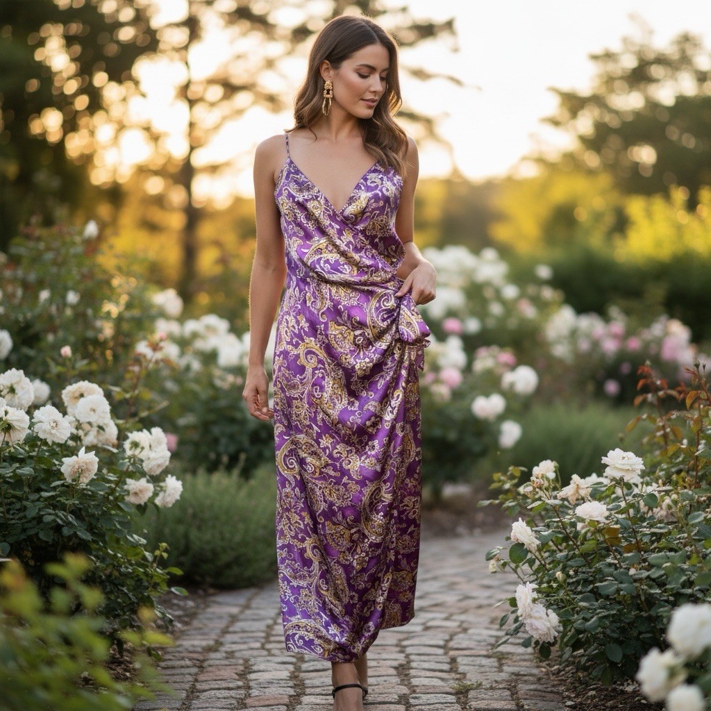 Zara Metallic Lavender Paisley Silky True Wrap Maxi Dress Formal Wedding Medium