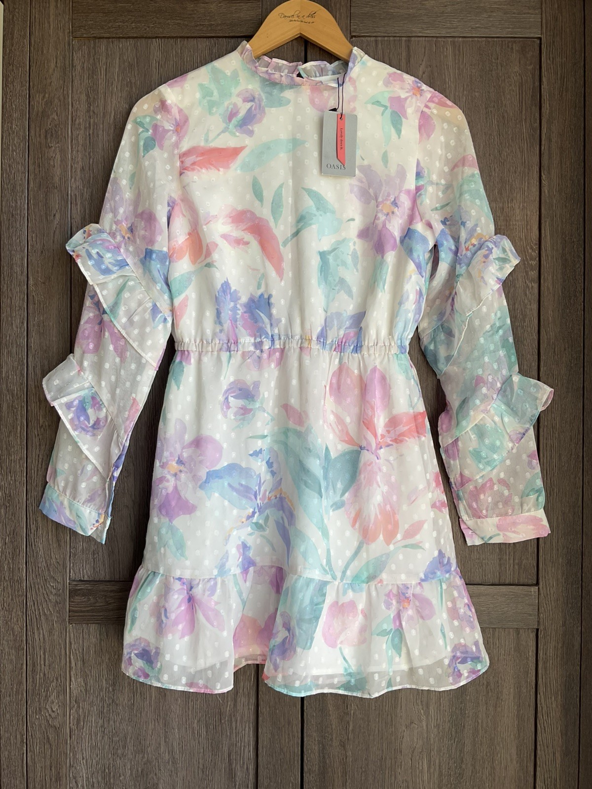 Oasis Petite Pastel Floral Dobby Spot Long Sleeve Ruffle Skater Dress Sz 6 Bnwt