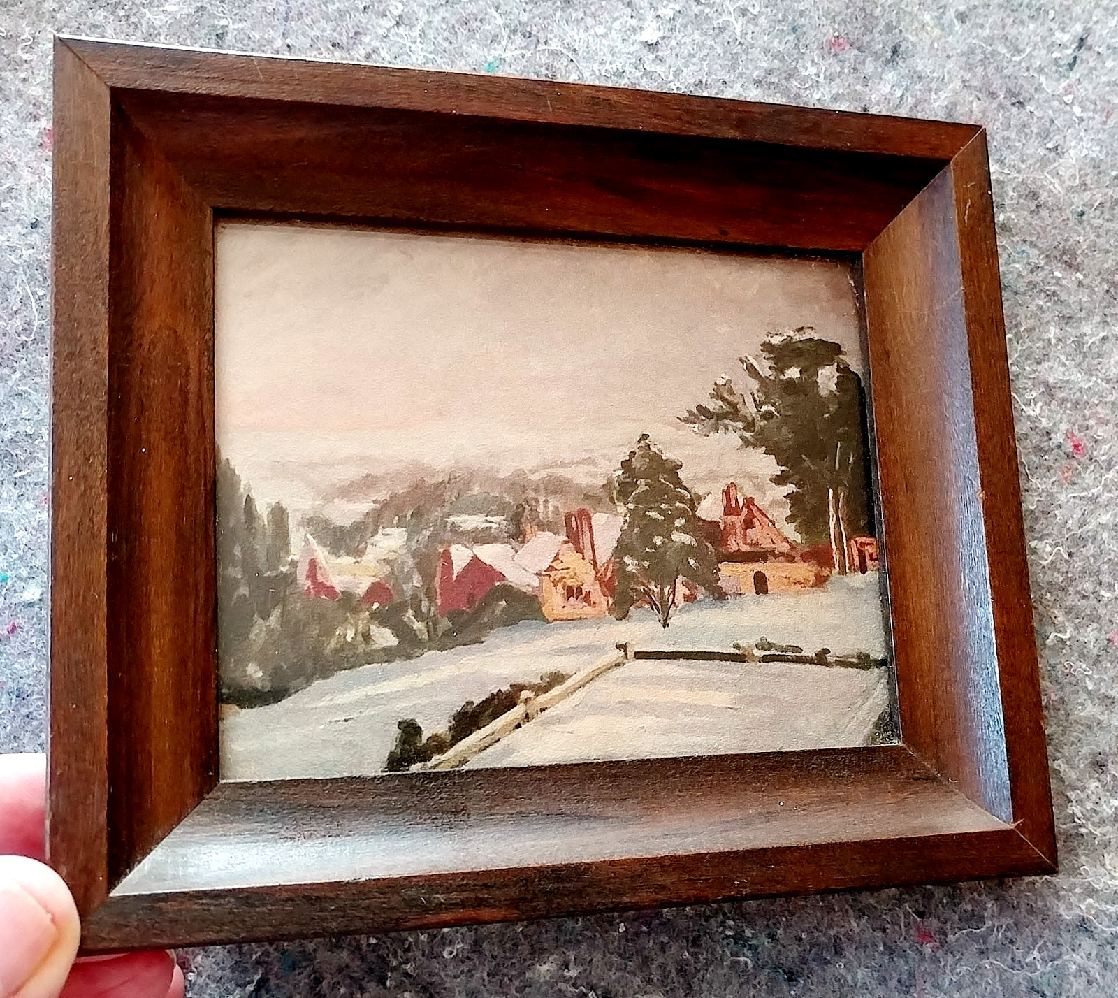 Antique Winter Landscape Waterolor  Original Impressionist Snowy Village Frame