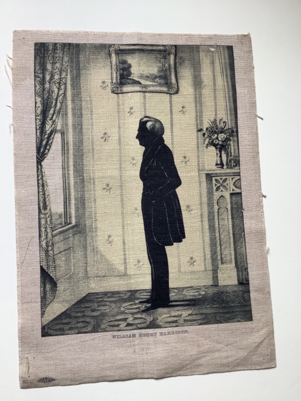 Antique William Henry Harrison Silhouette On Linen By Hiawatha Antique William Henry Harrison Silhouette On Linen By Hiawatha