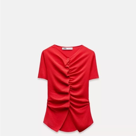 Zara Red Ruffled Front Short Sleeve Blouse Zara Red Ruffled Front Short Sleeve Blouse