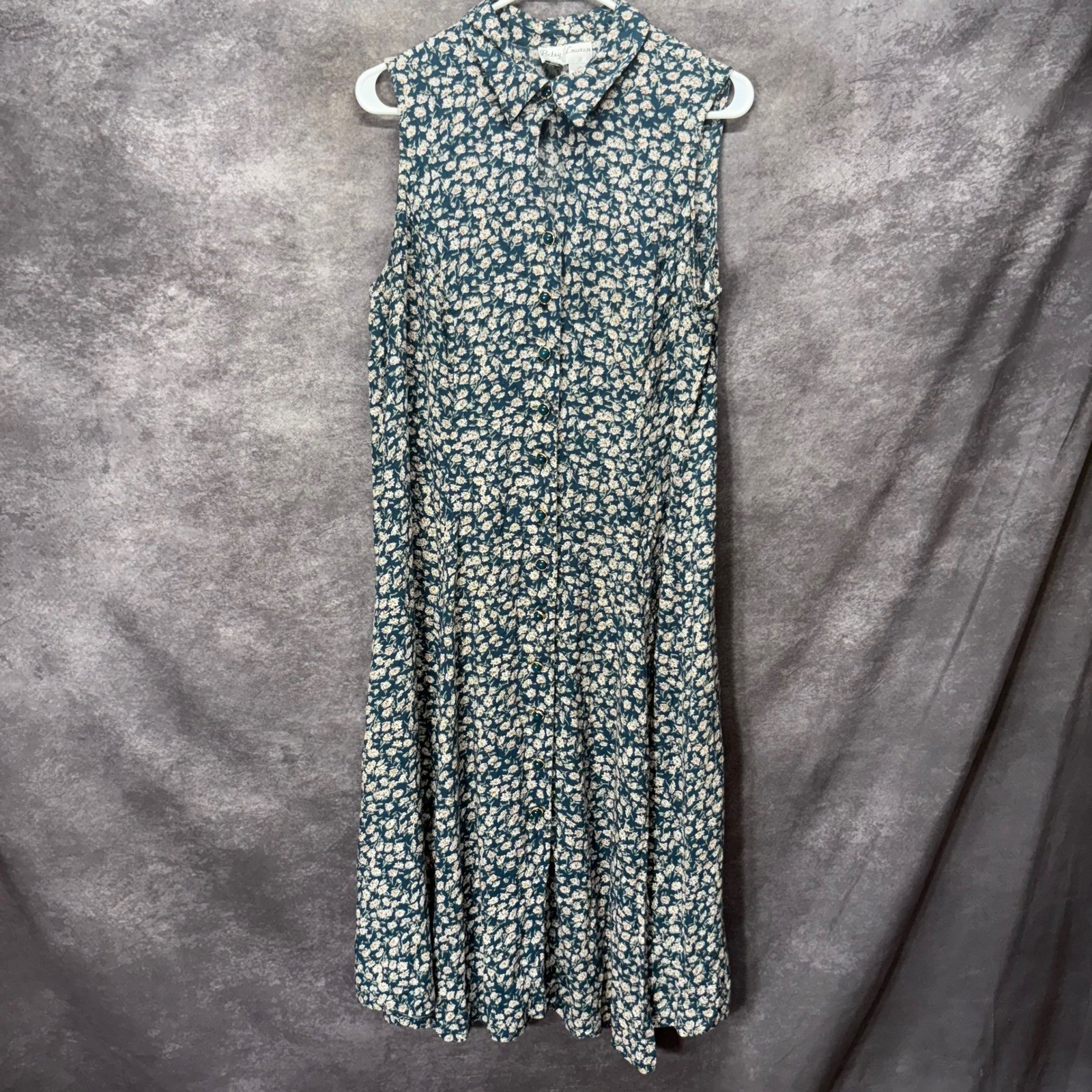 Betsy Lauren VTG 90s Teal Ditsy Floral Midi Button Front Dress Size 20 Cottage