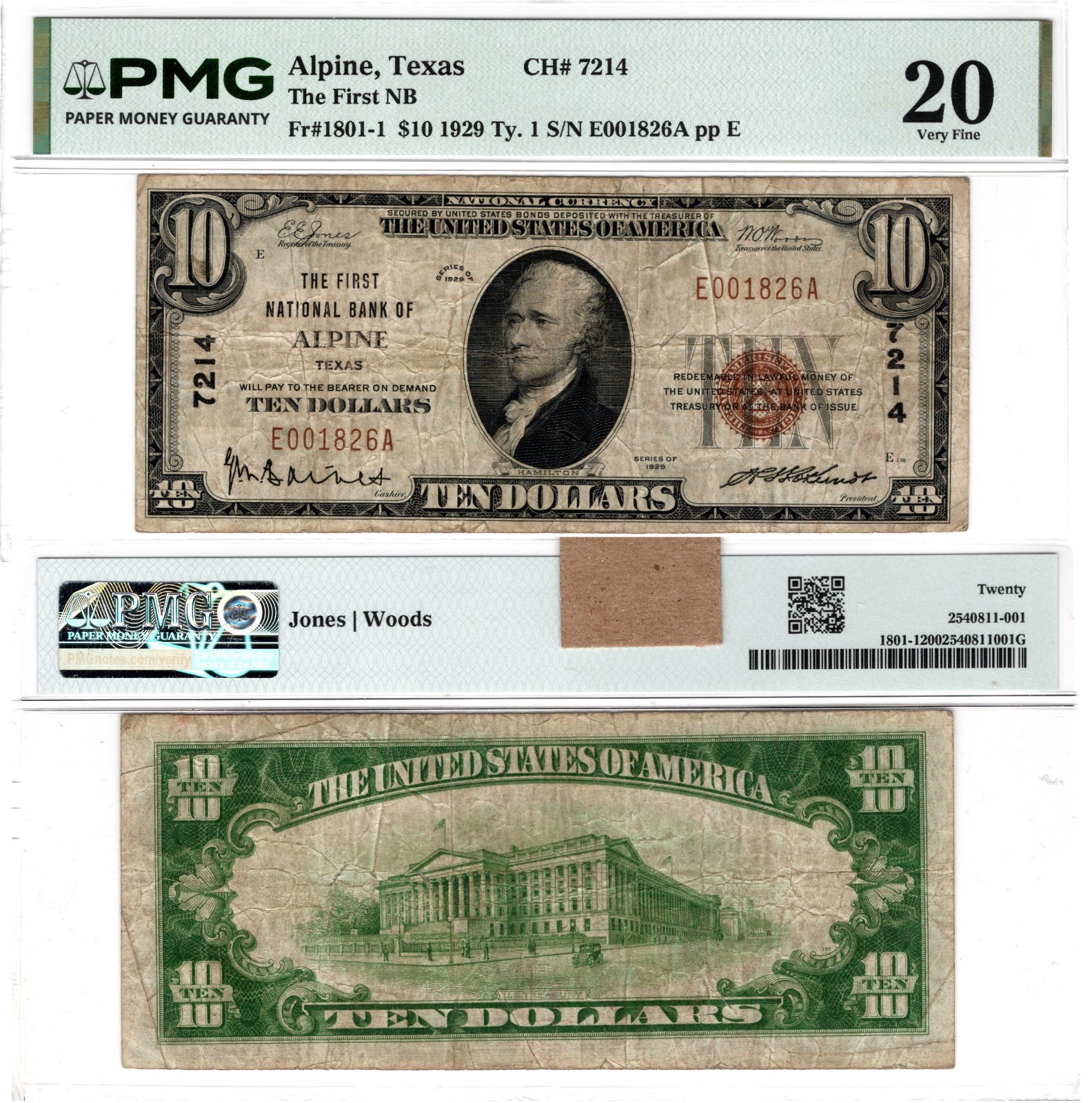 🇺🇸 TX 1929 $10 ♚♚ALPINE, TEXAS♚♚ THE FIRST NB  PMG VERY FINE 20