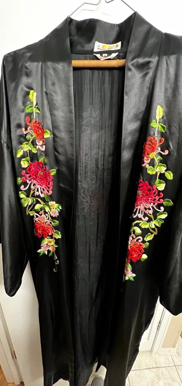 RARE Vintage 1960s, 100% Silk Hand-Embroidered Black Floral Robe