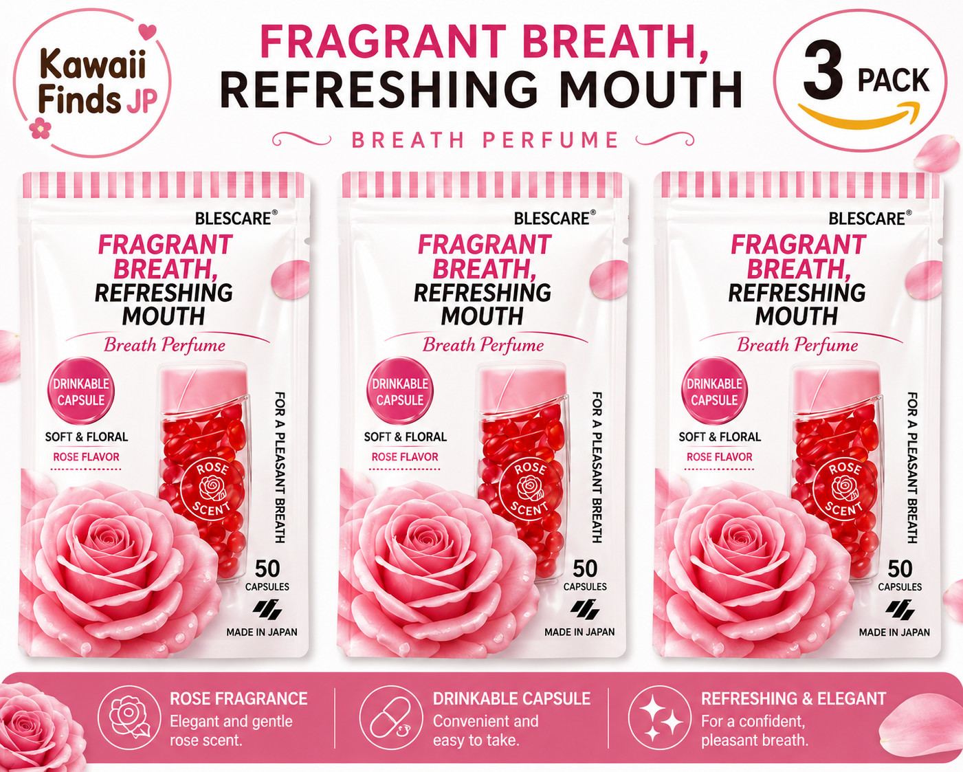 [ x3 ] Kobayashi Breath Care Breath Parfume Rose  50 tablets Refreshing Capsule