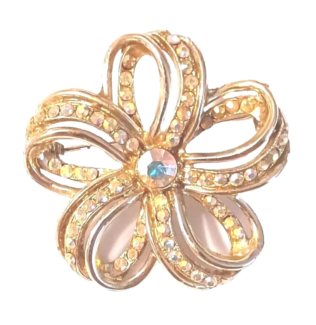 Vintage Aurora Borealis Brooch Pin Round Swirl Sparkling Rhinestones Silver Tone
