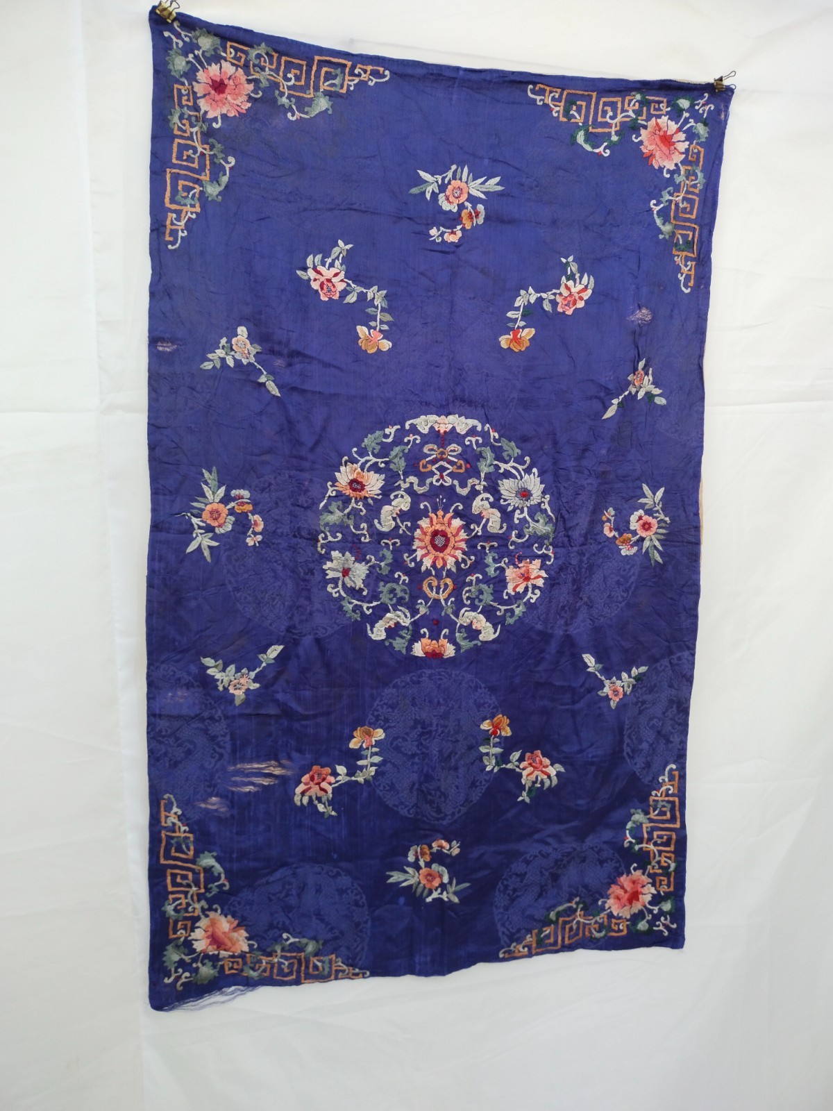 Vintage Chinese silk Embroidery Panel Blue Satin Floral Needlework