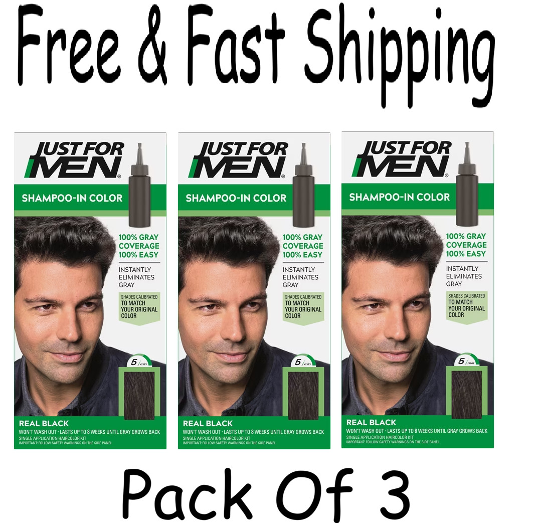 3x Just For Men Shampoo-In Haircolor, Real Black H-55, Easy lather-in app.